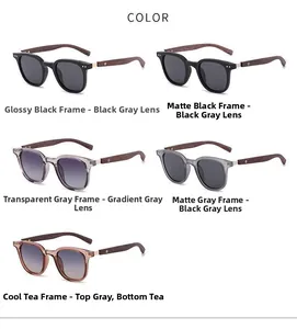 Wood grain temple sunglasses in various colors including glossy black and matte gray frames