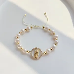 Handmade Natural Freshwater Pearl Bracelet With Virgin Mary Medal Shell Pendant Gold Plated Copper Beads For Women Jewelry