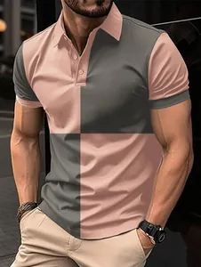 Detailed view of men's color-block polo shirt featuring a stylish pink and grey grid pattern