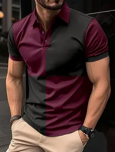 Premium men's casual slim fit color-block short-sleeved polo shirt in maroon and black