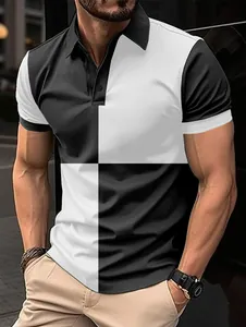 Detail view of men's black and white color-block polo shirt with turn-down collar