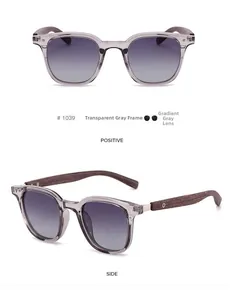Detailed views of sunglasses with wood grain temples and transparent gray frame.