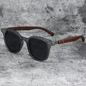 Retro style sunglasses with premium wood grain temples and matte grey frame for men and women