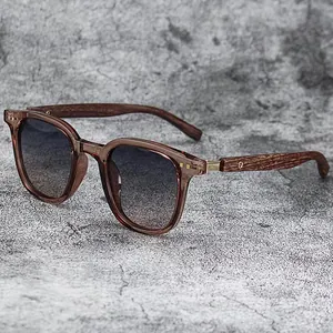 Classic retro sunglasses with wood grain temples and gradient grey lenses UV protection