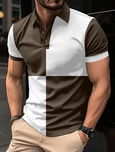 Modern men's casual sports Polo shirt featuring a brown and white color-block design