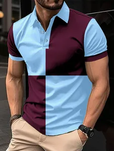 Men's casual short sleeve polo shirt with color block design and lapel collar slim fit