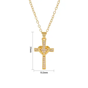 Detailed size diagram of heart cross pendant necklace in 18k gold finish
