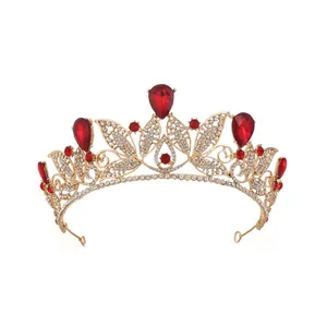 Baroque golden tiara crown with teardrop red rhinestones for wedding brides