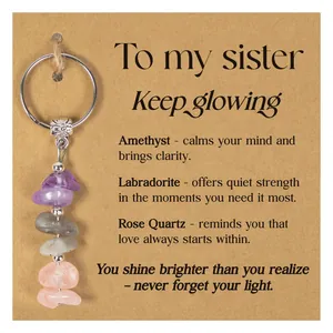 Natural crystal chips keychain with Amethyst Labradorite Rose Quartz on gift card