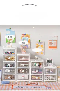 Transparent desktop drawer storage organizers shown in 2, 3, 4, and 5 layers options.