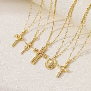 18k gold plated copper cross pendant necklaces with cubic zirconia heart and infinity designs.