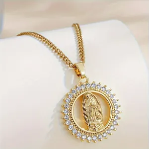 Exquisite 18K gold plated sunflower pendant necklace featuring Virgin Mary with crystals.