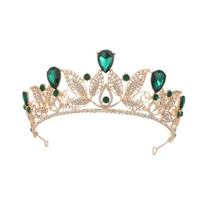 Elegant vintage gold Baroque bridal tiara with emerald green teardrop crystals