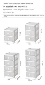 Detailed dimensions for multi-layer plastic desktop drawer organizers in various sizes