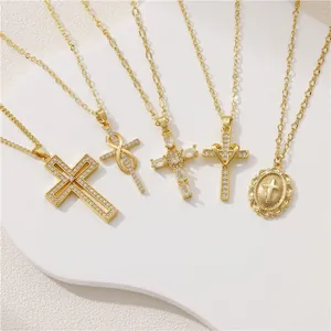 Set of 5 18k gold plated copper cross necklaces with zircon crystal embellishments