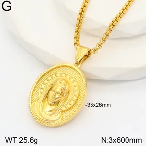 Close-up of gold 3D Virgin Mary oval pendant necklace with detailed relief engraving