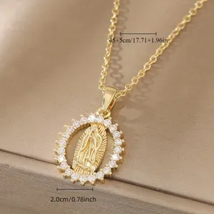 18k gold plated Virgin Mary relief pendant necklace with crystal halo, 20mm width