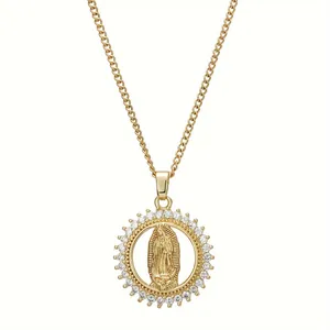 18K gold plated necklace with Virgin of Guadalupe pendant and cubic zirconia stones