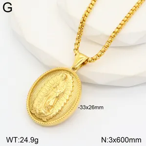 Vintage style gold Guadalupe pendant necklace, 33x26mm oval medallion with box chain