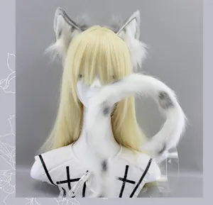 Handmade plush wolf ears headband and tail set for Lolita cosplay on mannequin.