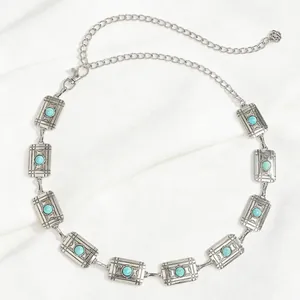 Vintage Bohemian turquoise metal waist chain with geometric square links for women