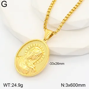Detailed close-up of a gold-plated Virgin Mary oval pendant necklace with measurement specs