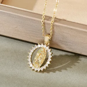Exquisite 18k gold plated necklace featuring a Virgin Mary relief pendant with crystal halo