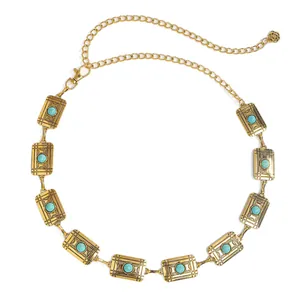 Vintage Bohemian gold metal waist chain belt with turquoise square geometric plates