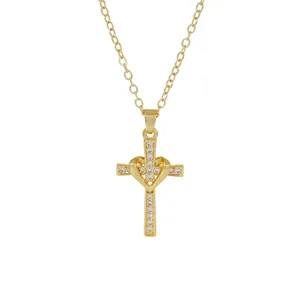 18K gold plated copper cross necklace with heart pendant and sparkling zircons.
