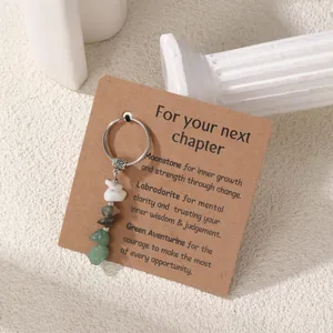 Natural crystal chip keyring with moonstone, labradorite and aventurine on a gift card.