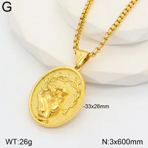 Detailed macro view of retro 3D gold stainless steel portrait pendant with dimensions