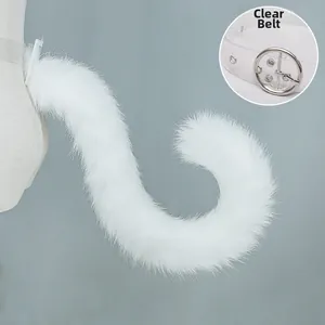Detail view of white plush faux fur tail with transparent belt buckle for cosplay