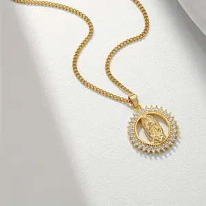 Elegant 18K gold plated Cuban chain necklace featuring a Virgin Mary crystal pendant
