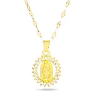 Elegant Virgin Mary relief pendant necklace with crystal halo in 18k gold plating
