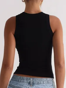 Back view of a black ribbed tank top for women showing a slim fit sleeveless design