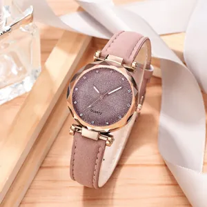 Elegant women's quartz watch with pink glitter dial and soft frosted leather strap.