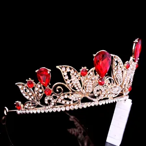 Exquisite baroque gold bridal crown with red drop crystals and sparkling rhinestones