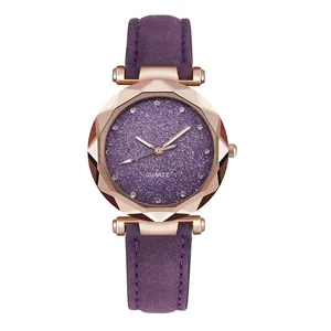 Close-up of women's purple glitter dial watch with rhinestone markers and suede strap