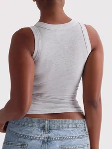 Close-up back view of a slim fit grey ribbed tank top for women showing fabric detail