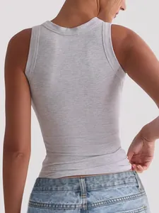 Detailed back view of a slim fit heather grey ribbed tank top for women during summer