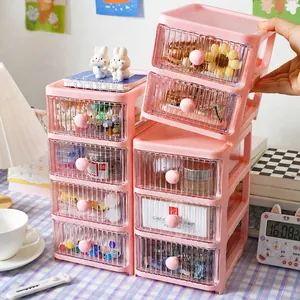 Stackable pink desktop drawer storage box with transparent multi-layer compartments