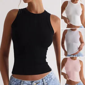 Women Casual Ribbed Tank Top Slim Fit Sleeveless Round Neck Summer Sport Vest Nylon Spandex Breathable Basic Solid Color Top
