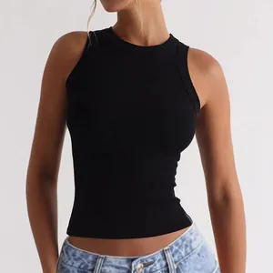 Slim fit ribbed black tank top for women, perfect for summer casual or fitness wear.