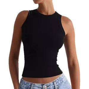 Women's black ribbed sleeveless tank top, slim fit summer athletic halter neck top