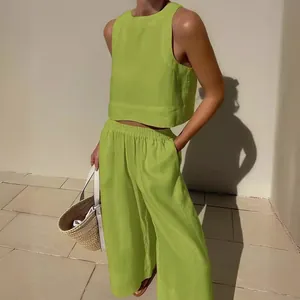 Lime green casual two-piece clothing set with sleeveless crop top and wide-leg pants