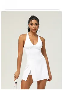 White sleeveless quick-dry backless tennis dress with built-in shorts and pads.