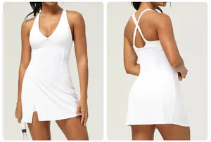 Front and back details of white backless athletic dress with built-in chest pads.