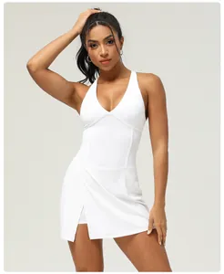 Detail of sleeveless quick-drying white athletic bodysuit dress with side slit and V-neck