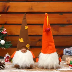 Pair of harvest festival lighted gnomes ornaments with maple leaf and pumpkin decoration