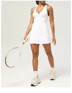 White sleeveless quick-dry tennis dress bodysuit with built-in pads and open back design.
